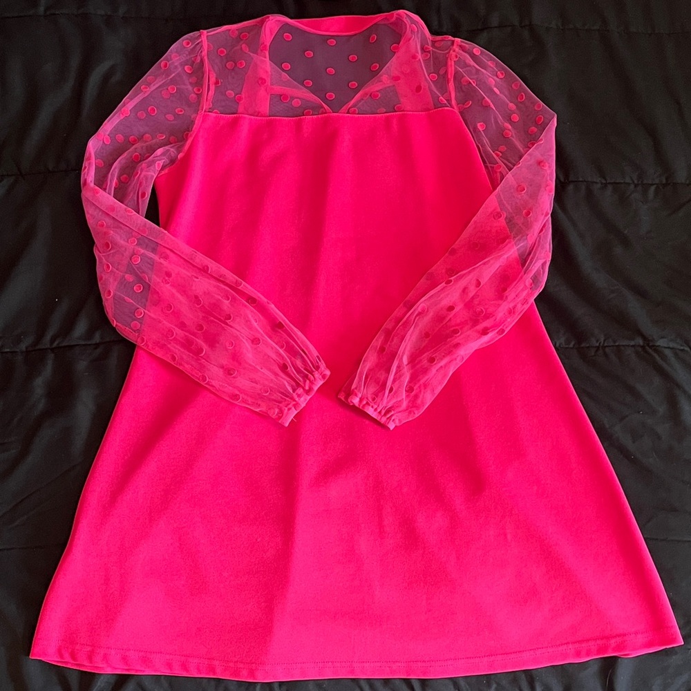 SHEIN Bright Pink Kids Dress with Sheer Sleeves